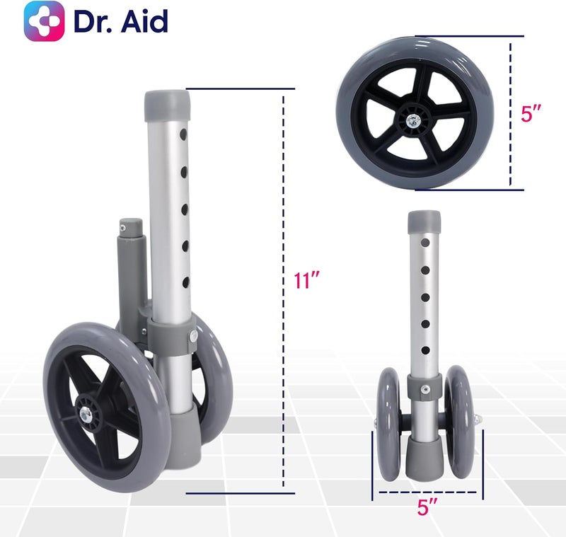 Dr. Aid Premium Auto Brake Walker Wheels – Replacement Wheel for Walkers, 5" Double Wheels with 5 Height Adjustments – Easy Installation, Pack of 2 - Image 4